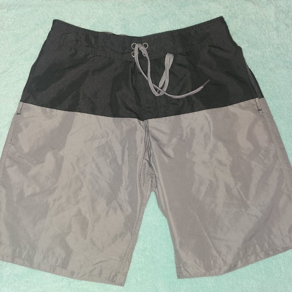 Old Navy swim trunks, black and tan in size Medium (32" waist)